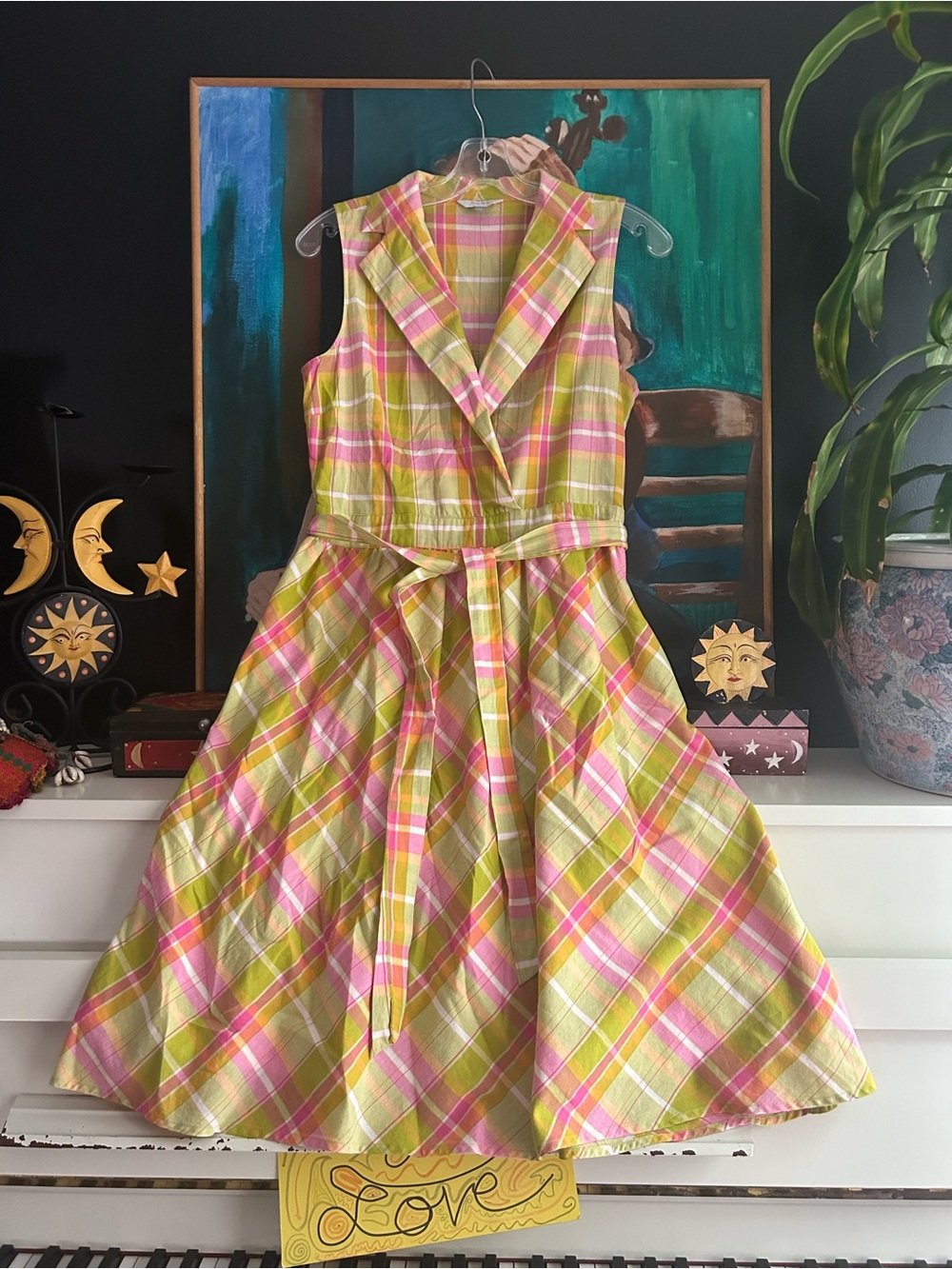 Pure Alfred Sung Plaid Wrap Midi Dress Belted Pink Green Sleeveless Women M - Picture 16 of 16